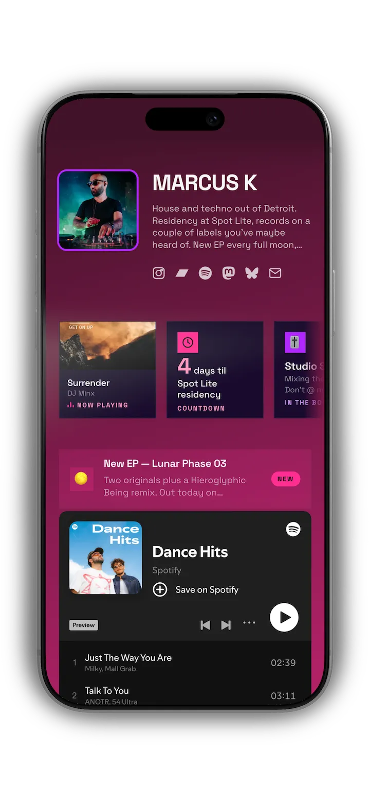 Beacon, a link-in-bio site with avatar, widget tiles, and content cards