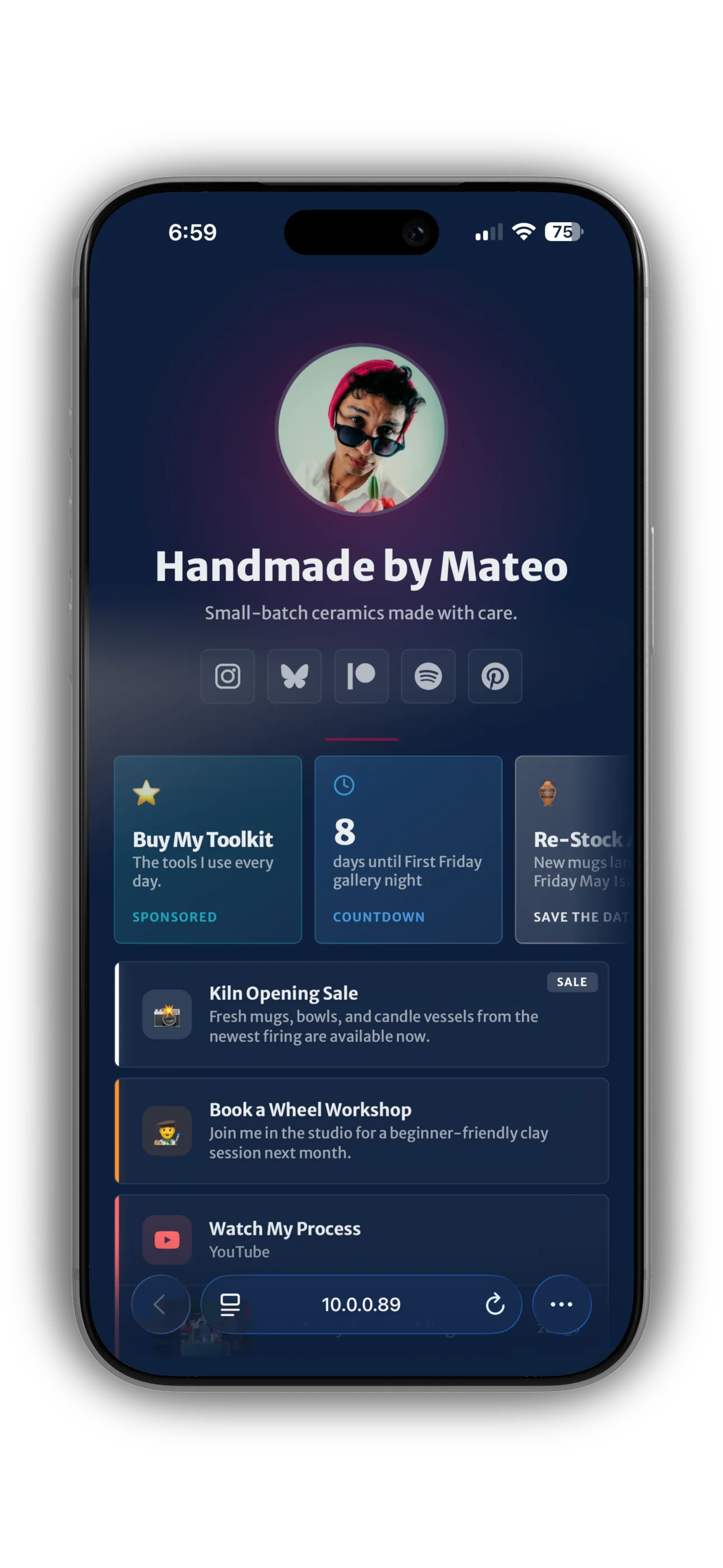 Beacon, a link-in-bio site with avatar, widget tiles, and content cards